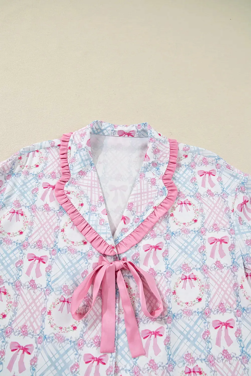 Bow Wreath Pattern Christmas Holiday Tied Front Long Sleeve 2pcs Pyjama Set sold by Beagle Boutique product image thumbnail 5