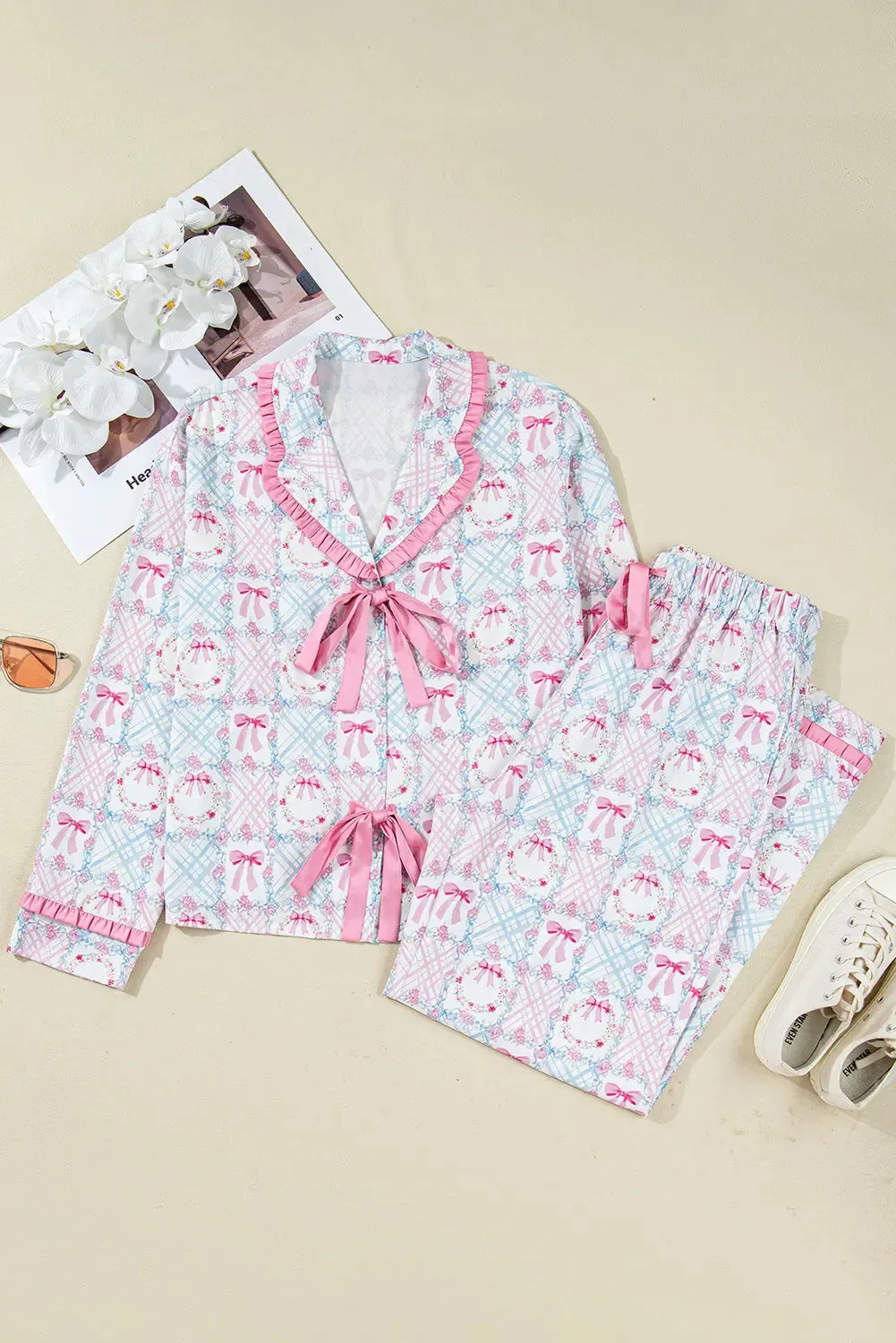 Bow Wreath Pattern Christmas Holiday Tied Front Long Sleeve 2pcs Pyjama Set sold by Beagle Boutique product image thumbnail 3