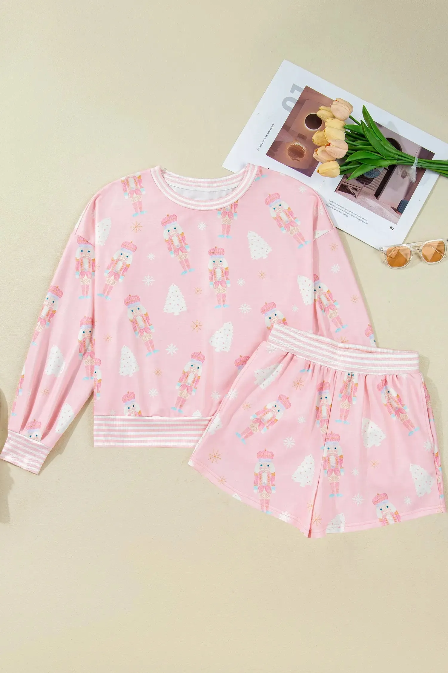 Christmas Tree Nutcracker Doll Print Contrast Trim Long Sleeve Top Matching Shorts Set sold by Beagle Boutique product image thumbnail 4
