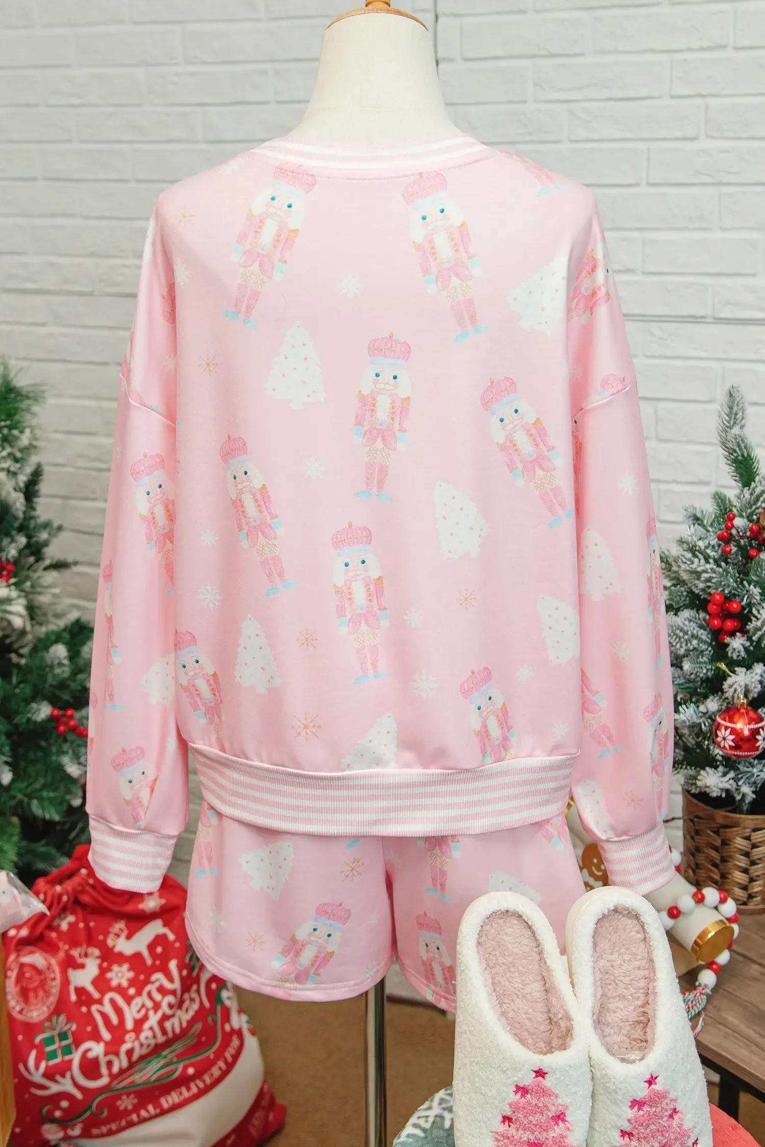 Christmas Tree Nutcracker Doll Print Contrast Trim Long Sleeve Top Matching Shorts Set sold by Beagle Boutique product image thumbnail 2