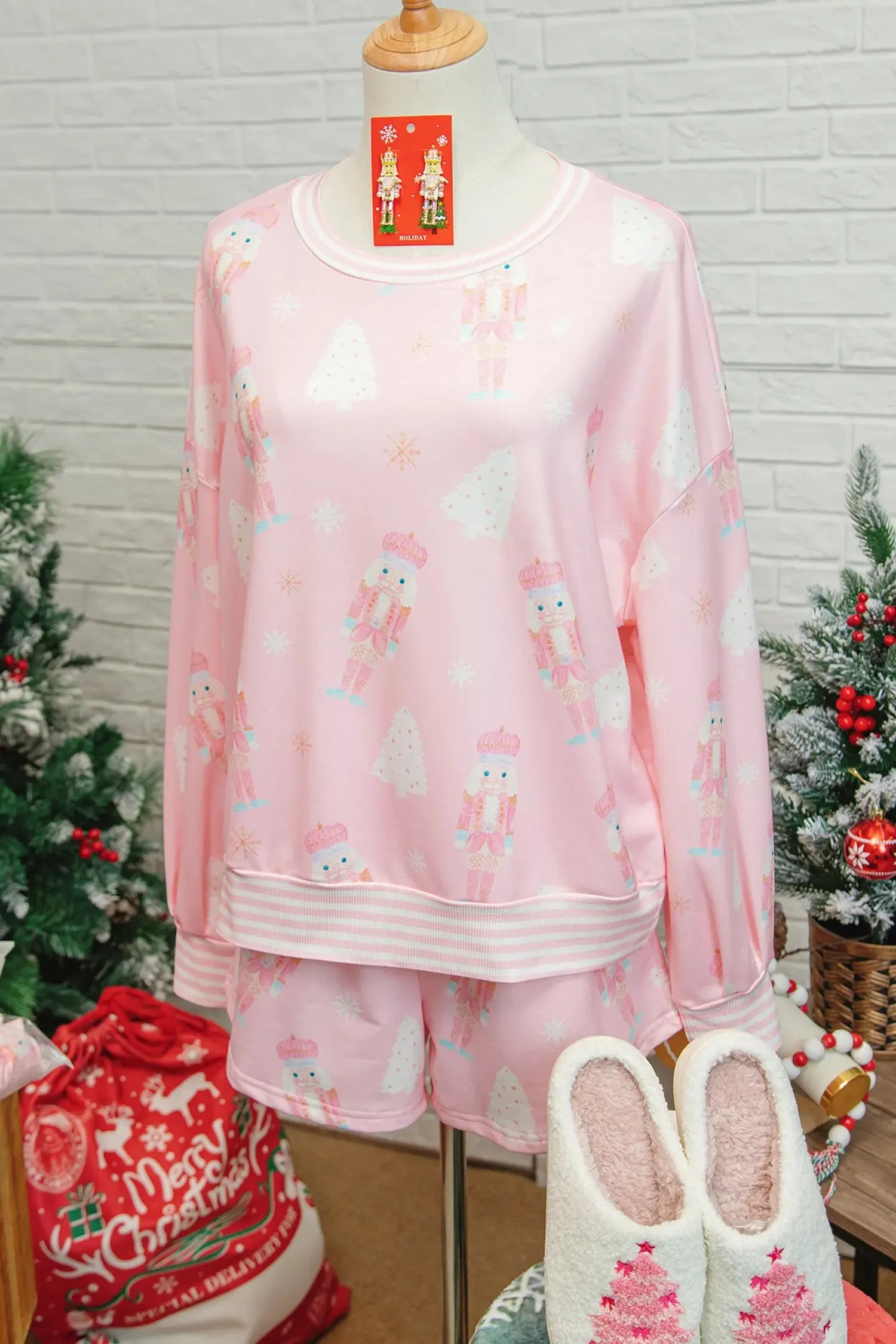 Christmas Tree Nutcracker Doll Print Contrast Trim Long Sleeve Top Matching Shorts Set sold by Beagle Boutique product image thumbnail 3