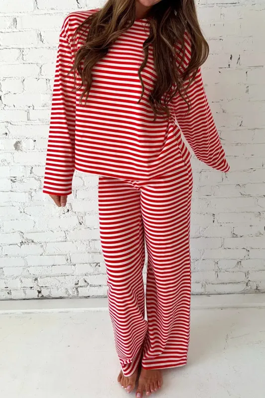 Stripe Drop Shoulder Long Sleeve Top Lounge Pants 2pcs Set made by Beagle Boutique