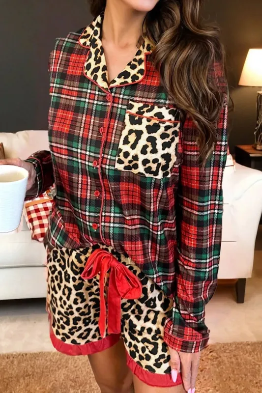 Retro Plaid Leopard Print Patchwork Long Sleeve Shorts Pyjama Set made by Beagle Boutique