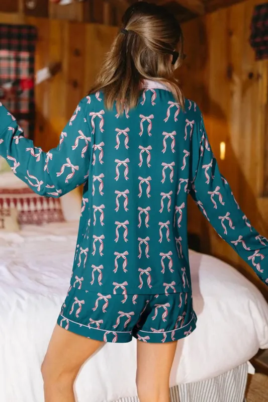 Ribbon Bow Print Long Sleeve Shirt and Shorts Pyjama Set made by Beagle Boutique