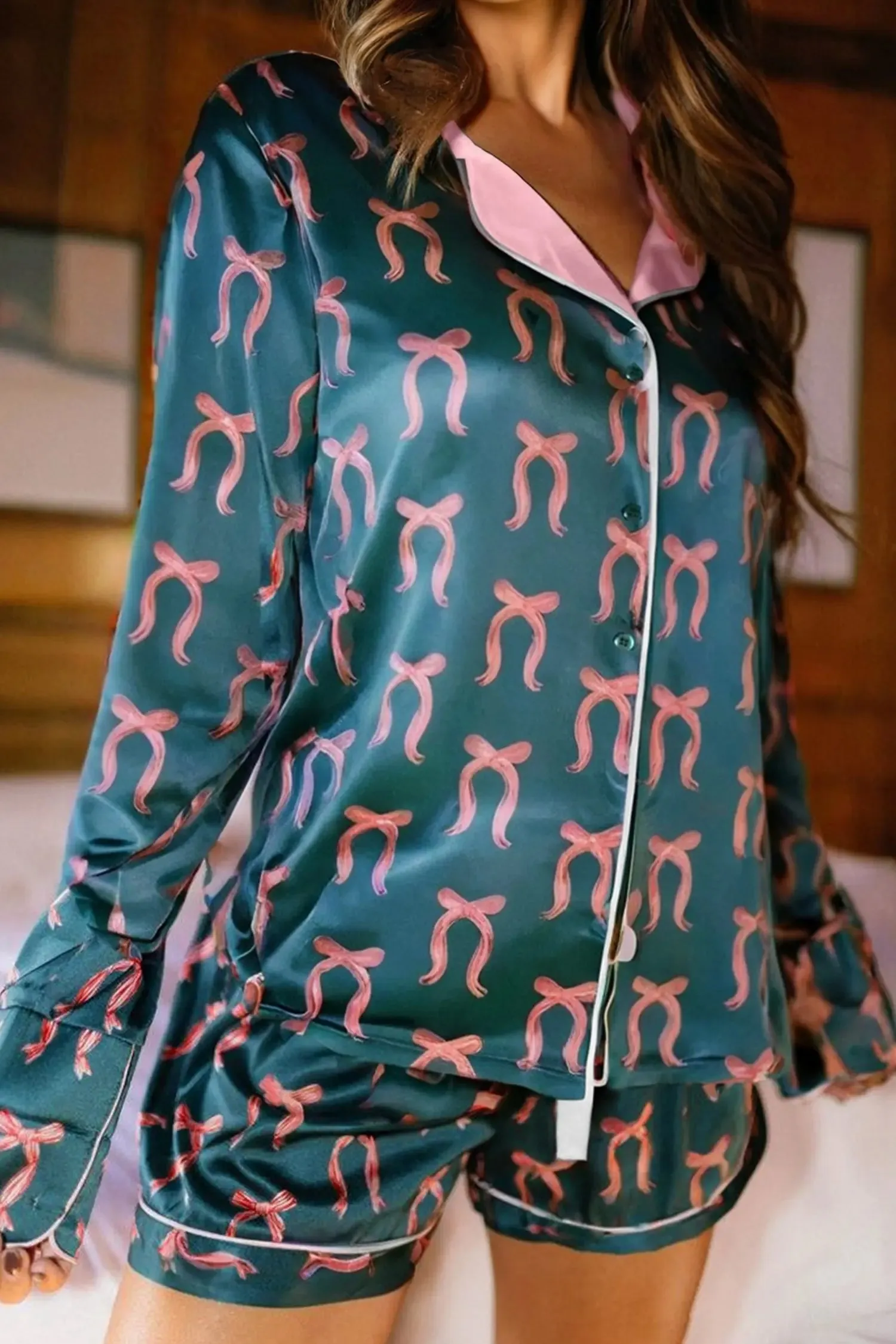 Ribbon Bow Print Long Sleeve Shirt and Shorts Pyjama Set sold by Beagle Boutique product image thumbnail 2