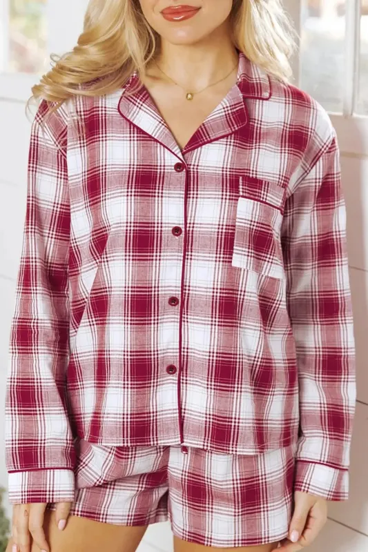 Retro Plaid Long Sleeve Shirt Drawstring Shorts Pyjama Set made by Beagle Boutique