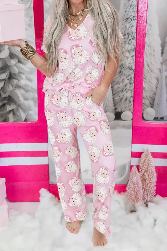 Santa Claus Print V-Neck Tee Drawstring Pyjama Set made by Beagle Boutique
