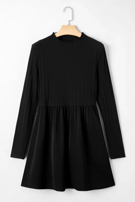 Frilled Neck Ribbed Knit Patchwork Long Sleeve Mini Dress made by Beagle Boutique