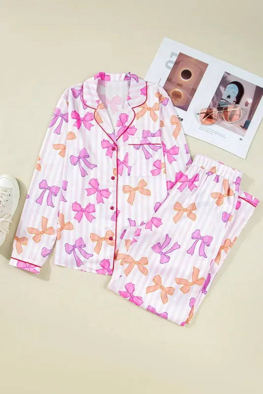 Striped Bow Print Contrast Piping Trim Shirt and Bottoms Pyjama Set made by Beagle Boutique