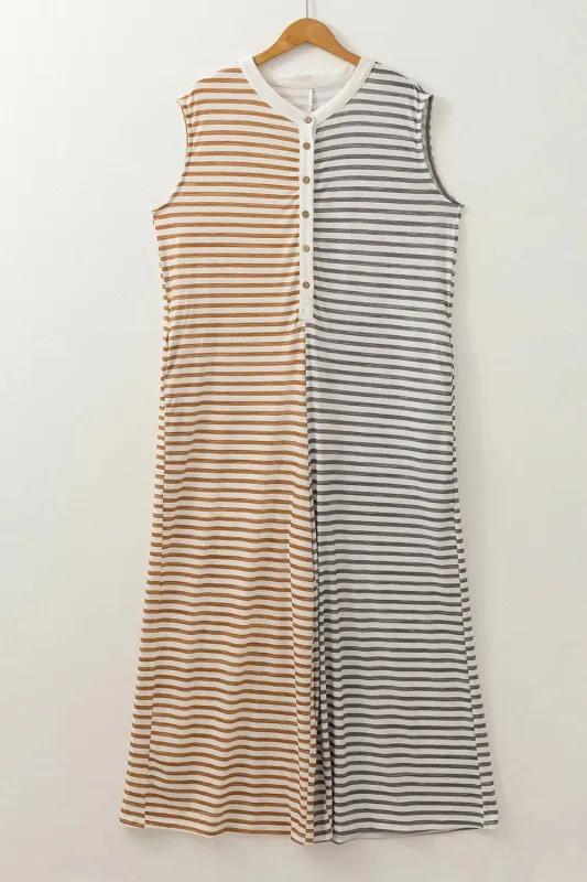Grey Stripe Plus Size Colour Block Buttoned Sleeveless Wide Leg Jumpsuit made by Beagle Boutique