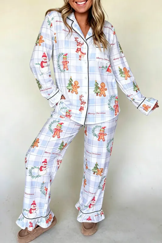 2pc Pajama Set Shirt Top & Straight-Leg Pants — Plaid Cartoon Christmas Print made by Beagle Boutique