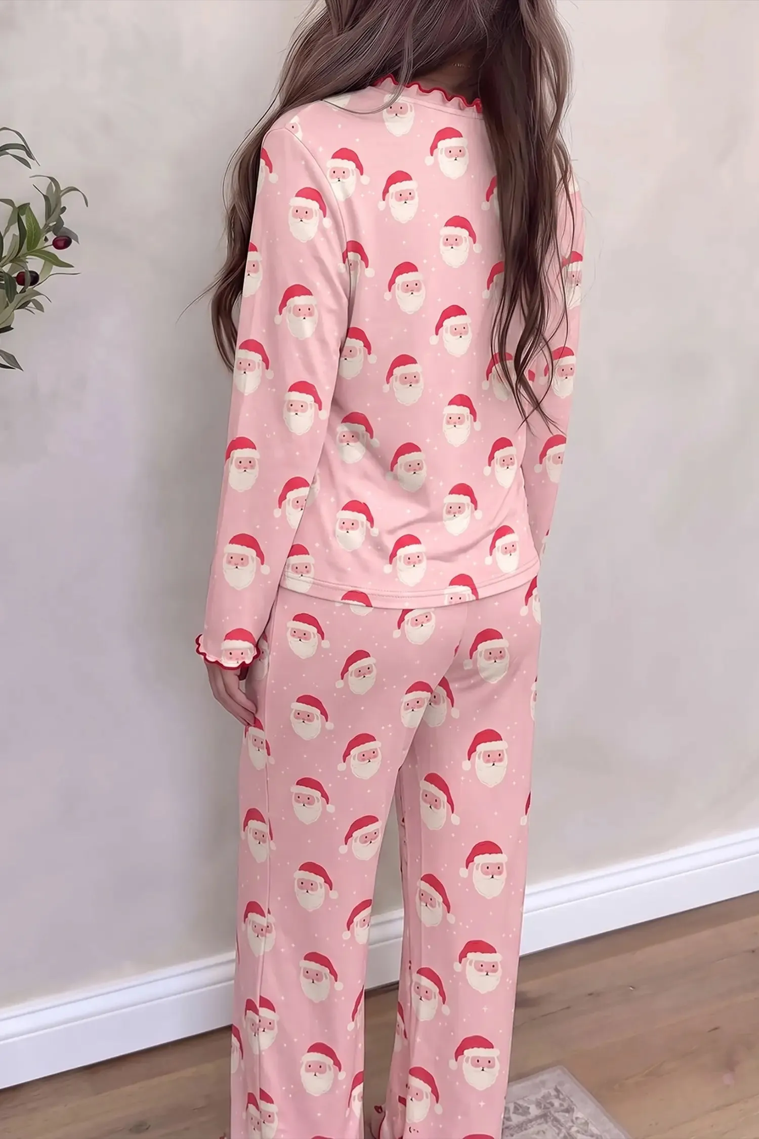 Lounge Set Santa Print Frilled Button Front Top and Pants sold by Beagle Boutique product image thumbnail 2