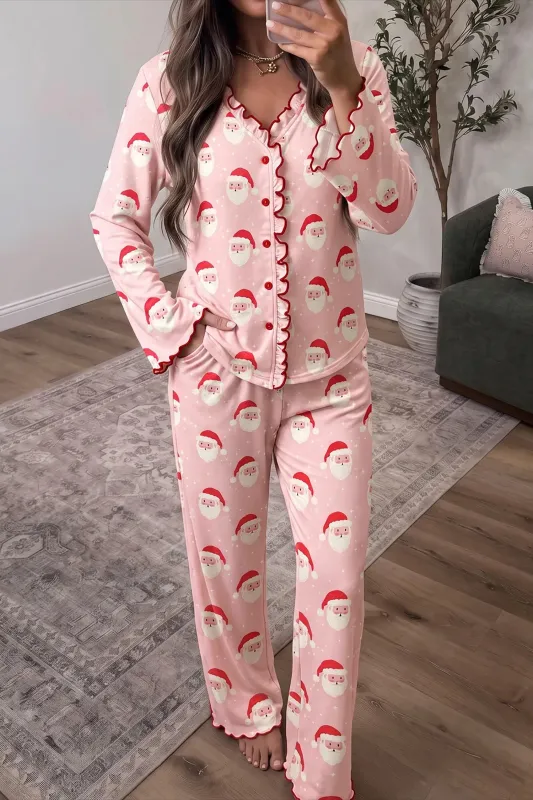 Lounge Set Santa Print Frilled Button Front Top and Pants made by Beagle Boutique
