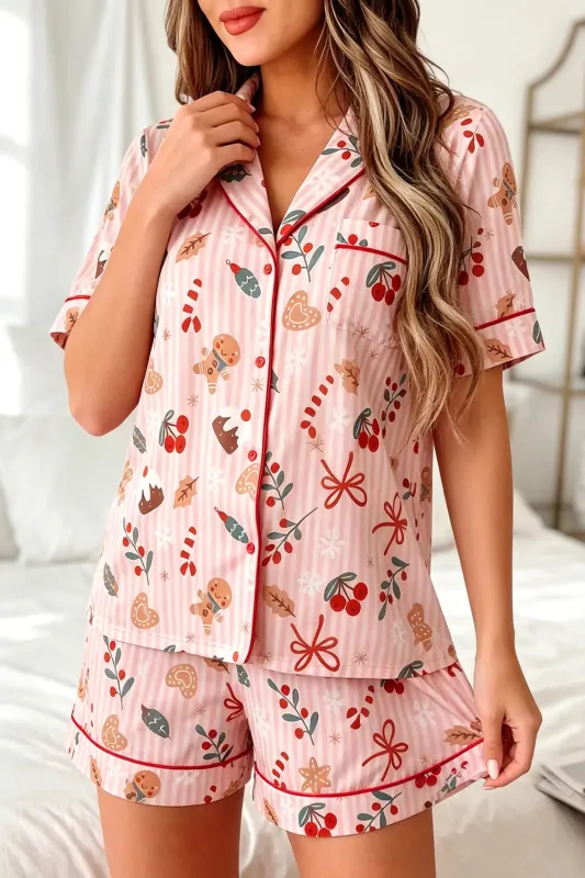 Short Sleeve Two Piece Lounge Set with Abstract Christmas Print made by Beagle Boutique