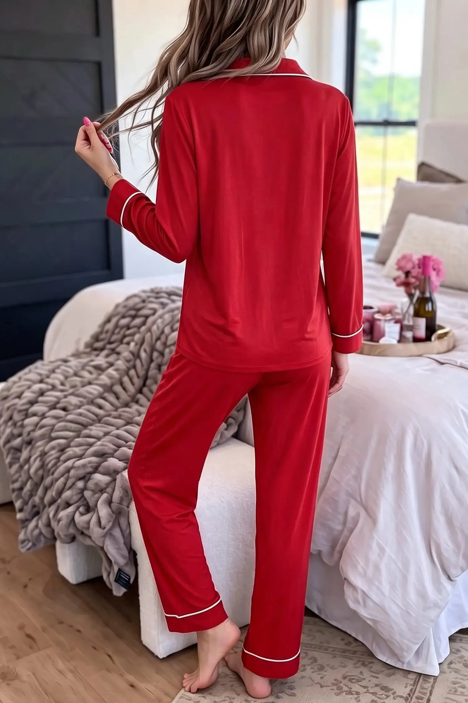 Racing Red Bow Pocket Detail Long Sleeve Shirt 2pcs Pajama Set sold by Beagle Boutique product image thumbnail 2