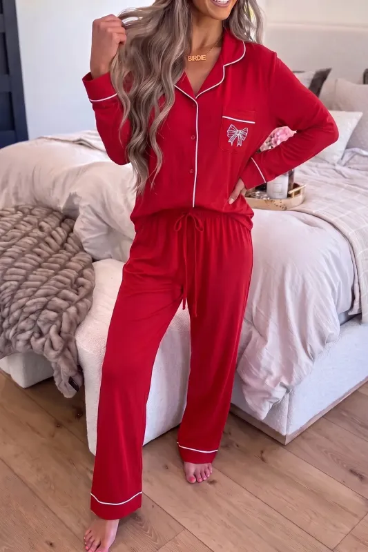 Racing Red Bow Pocket Detail Long Sleeve Shirt 2pcs Pajama Set made by eAura