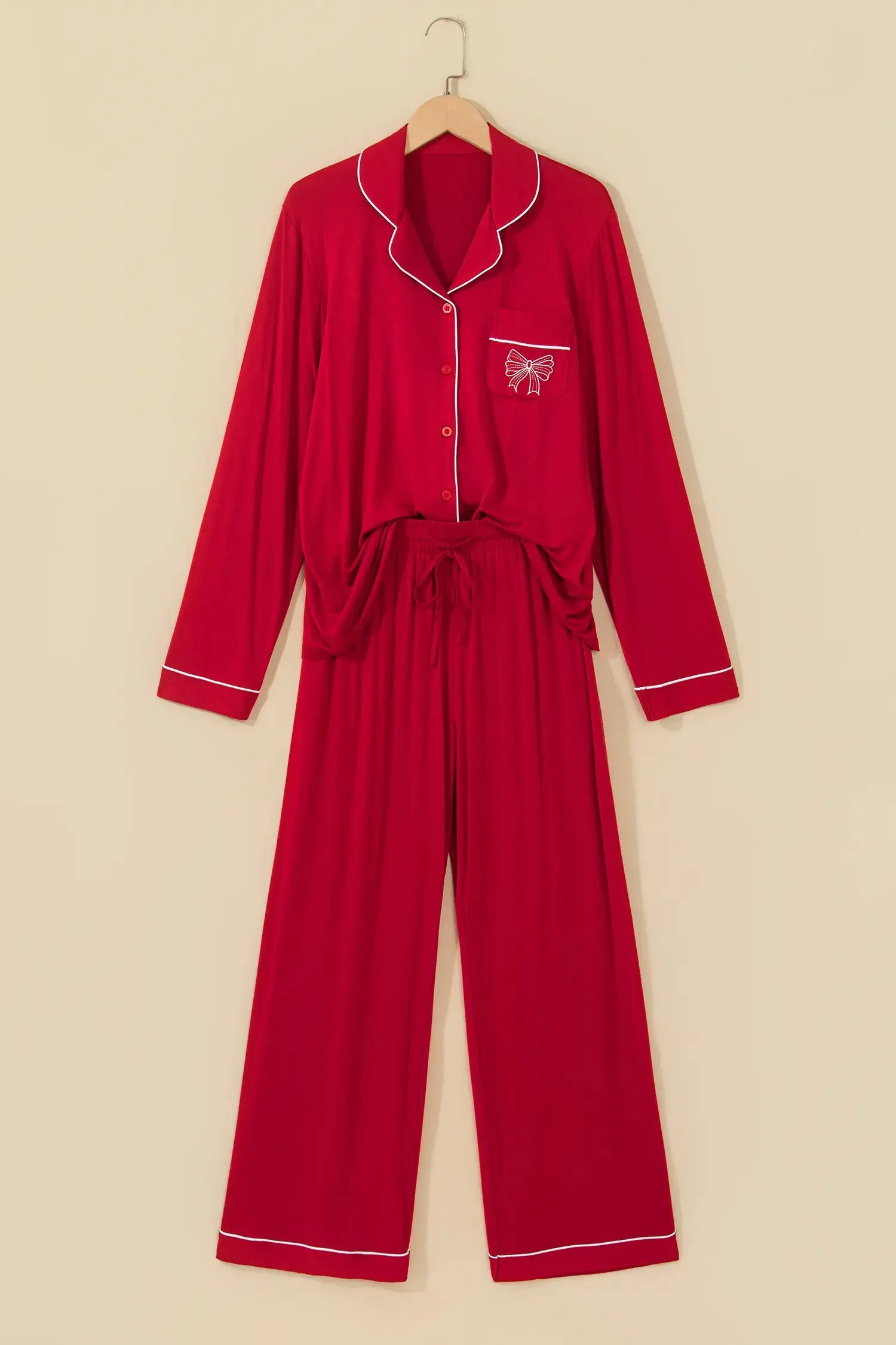 Racing Red Bow Pocket Detail Long Sleeve Shirt 2pcs Pajama Set sold by Beagle Boutique product image thumbnail 3