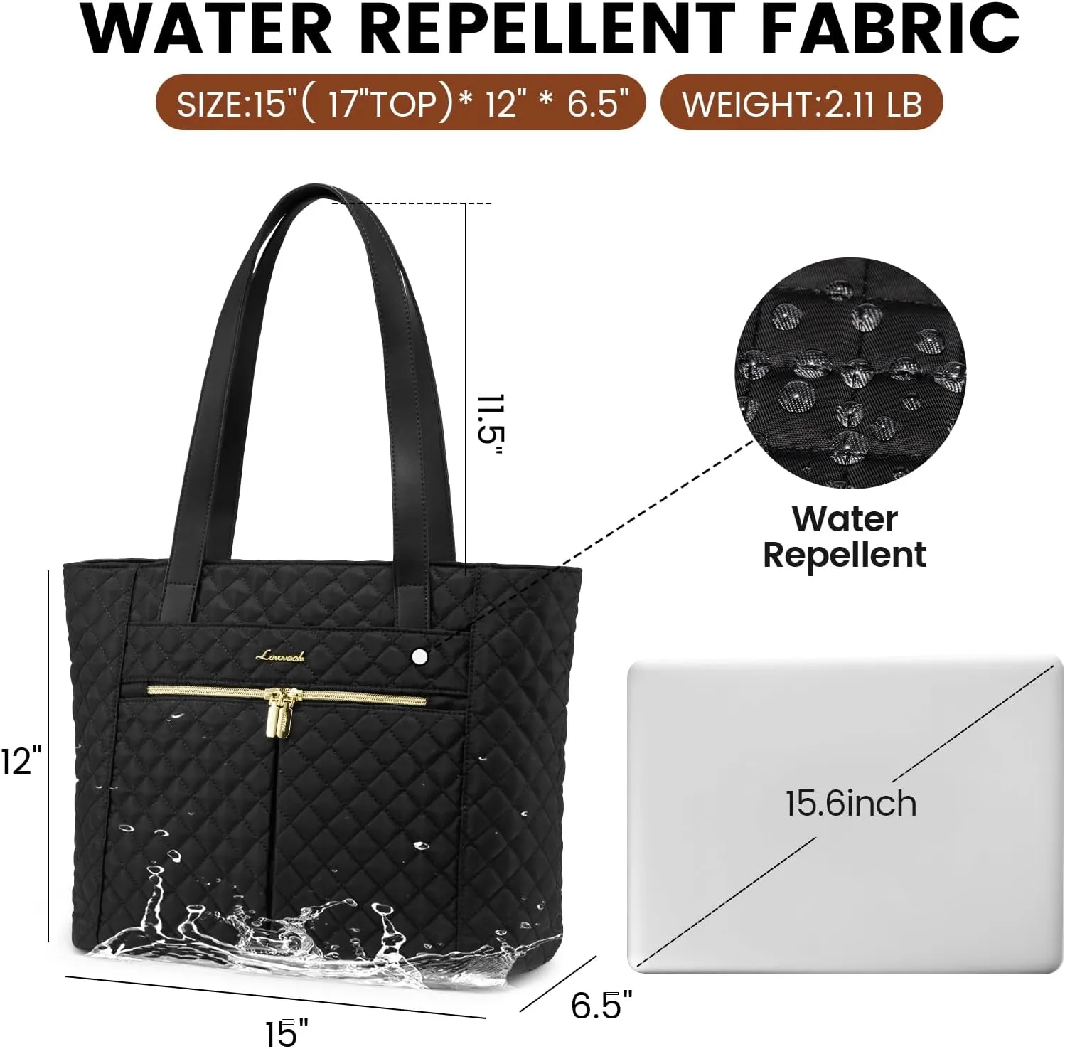 2Pcs Diamond Quilted Tote Bag, 15.6" 17" sold by LOVEVOOK product image thumbnail 4