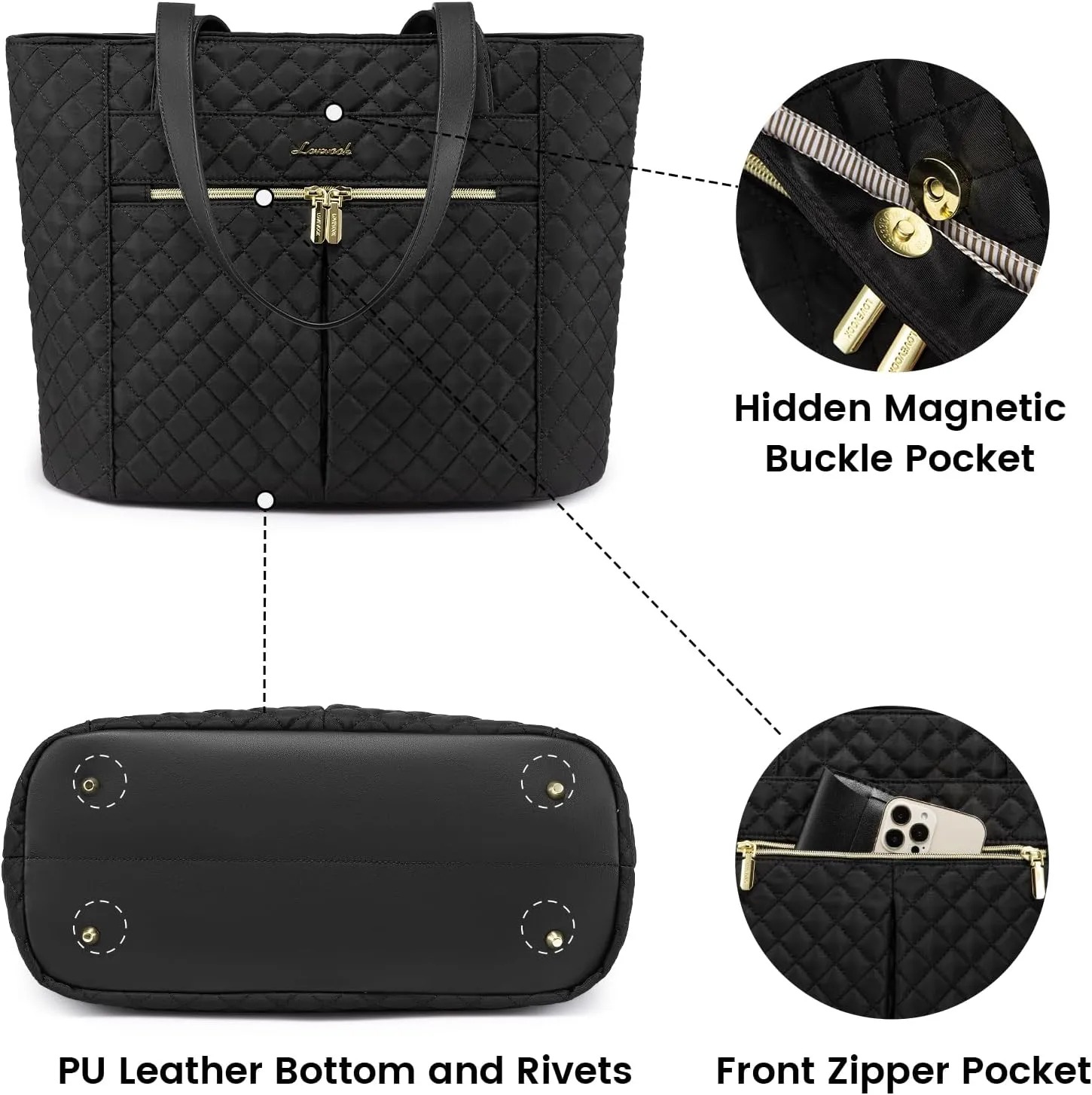 2Pcs Diamond Quilted Tote Bag, 15.6" 17" sold by LOVEVOOK product image thumbnail 5