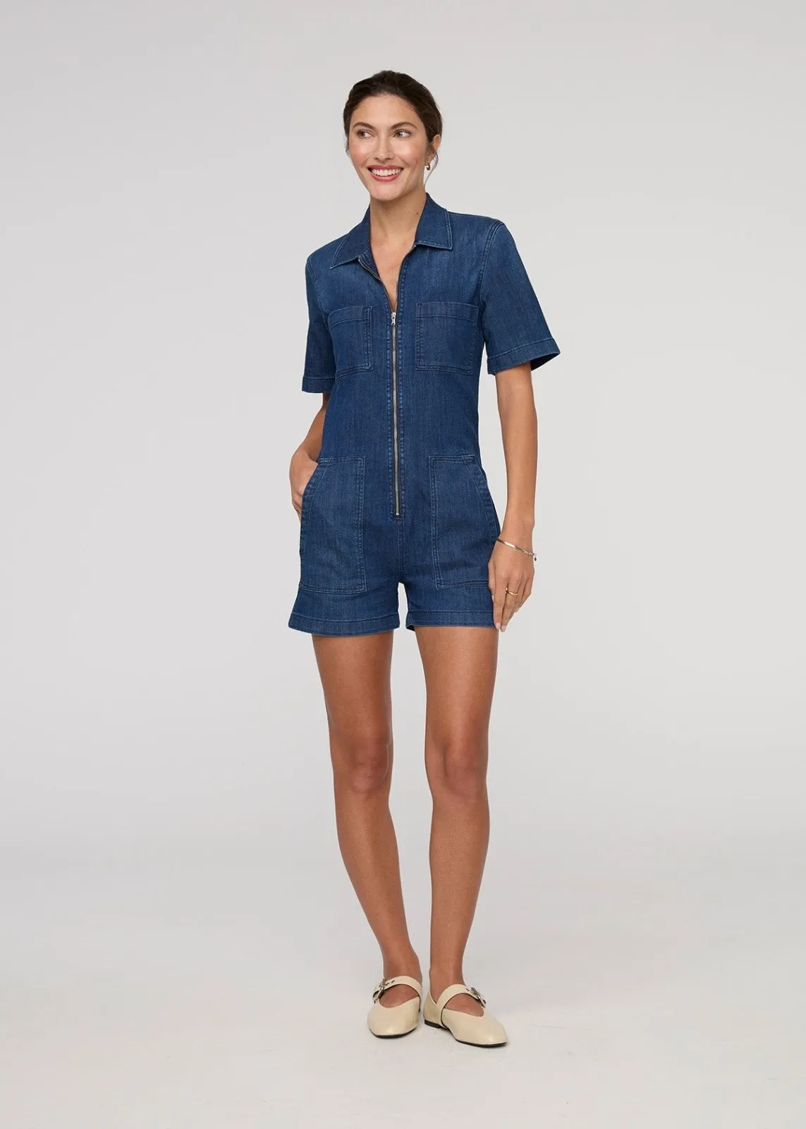 Performance Denim Lite Romper - Stone Wash sold by DUER