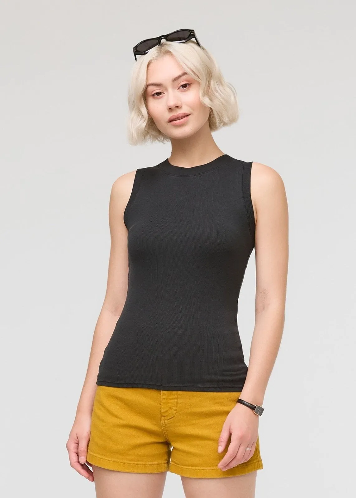 Ribbed Pima High Neck Tank - Black sold by DUER