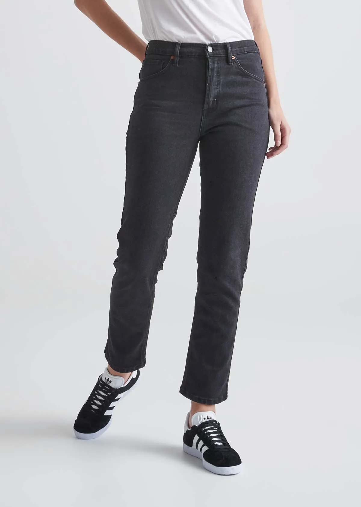 Midweight Denim High Rise Straight (Button Fly) - Aged Black sold by DUER