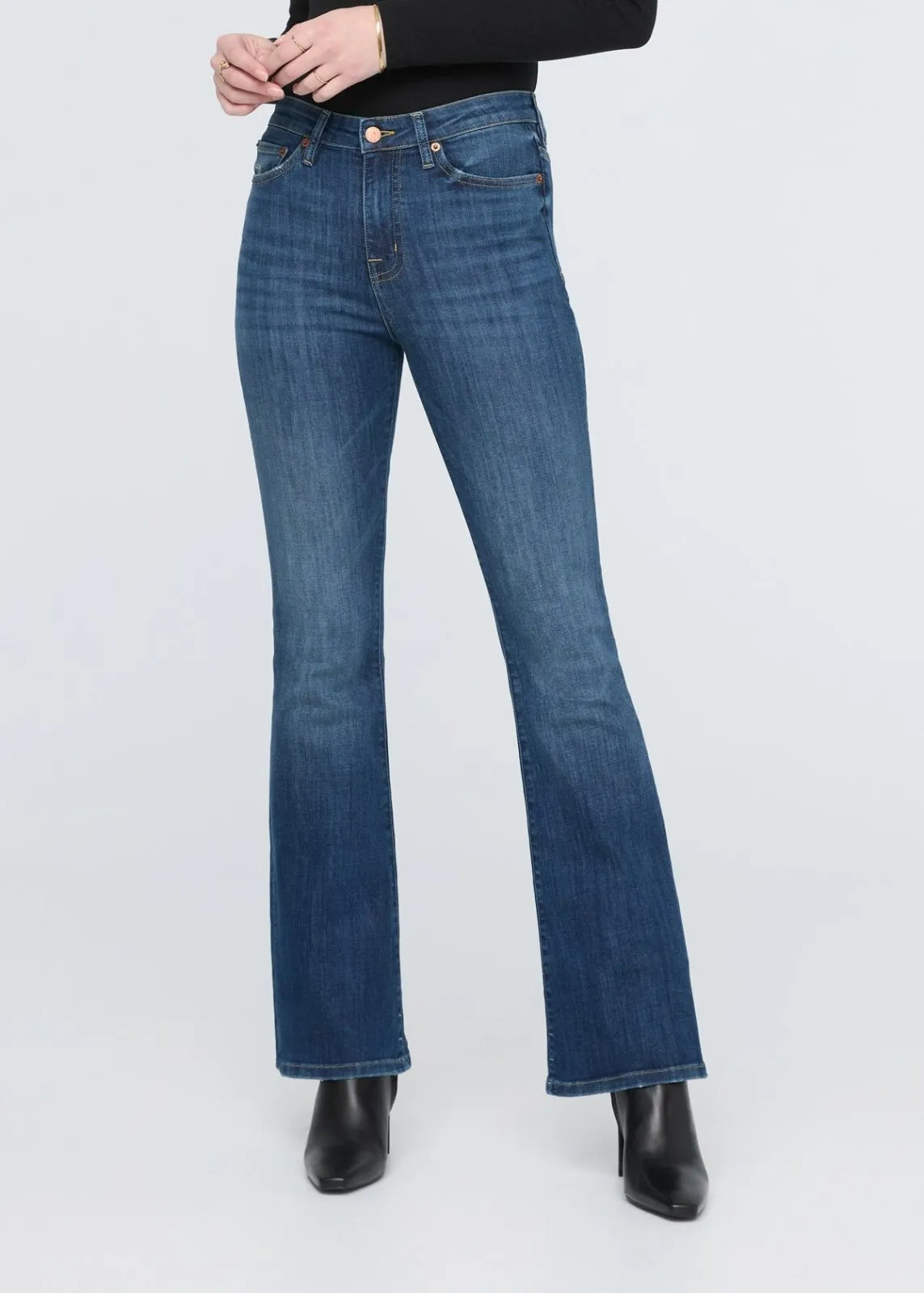 Performance Denim High Rise Flare - Worn in Blue sold by DUER
