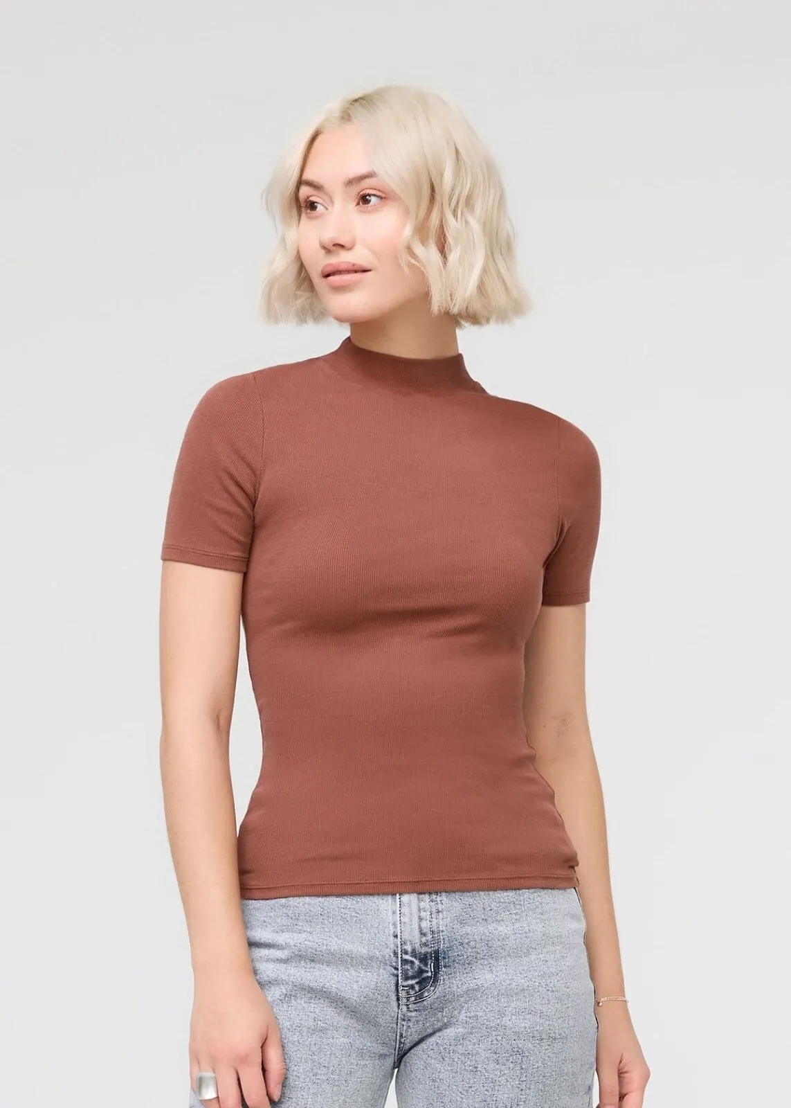 Ribbed Pima Mock Neck Tee - Rust sold by DUER