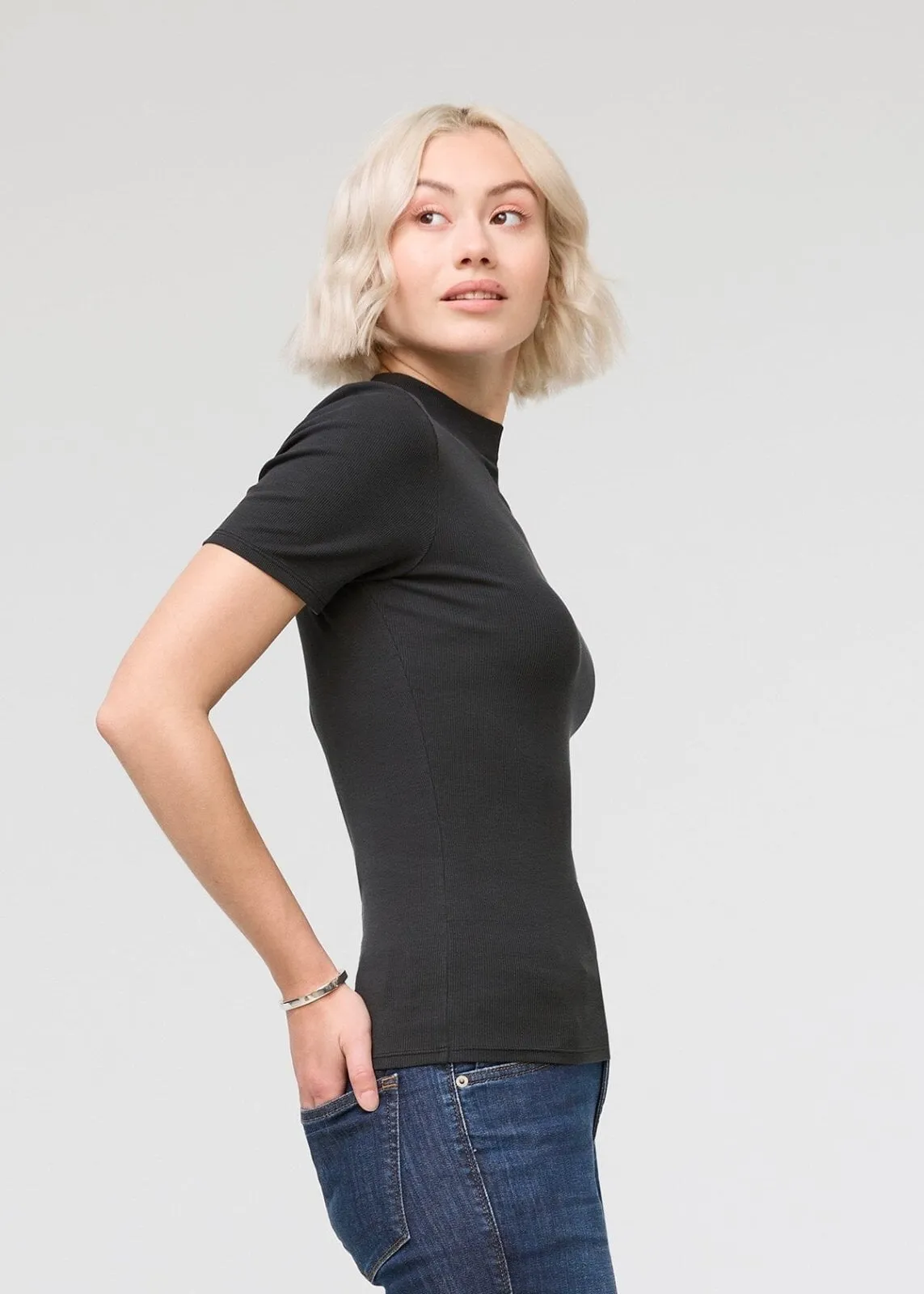 Ribbed Pima Mock Neck Tee - Black sold by DUER product image thumbnail 3