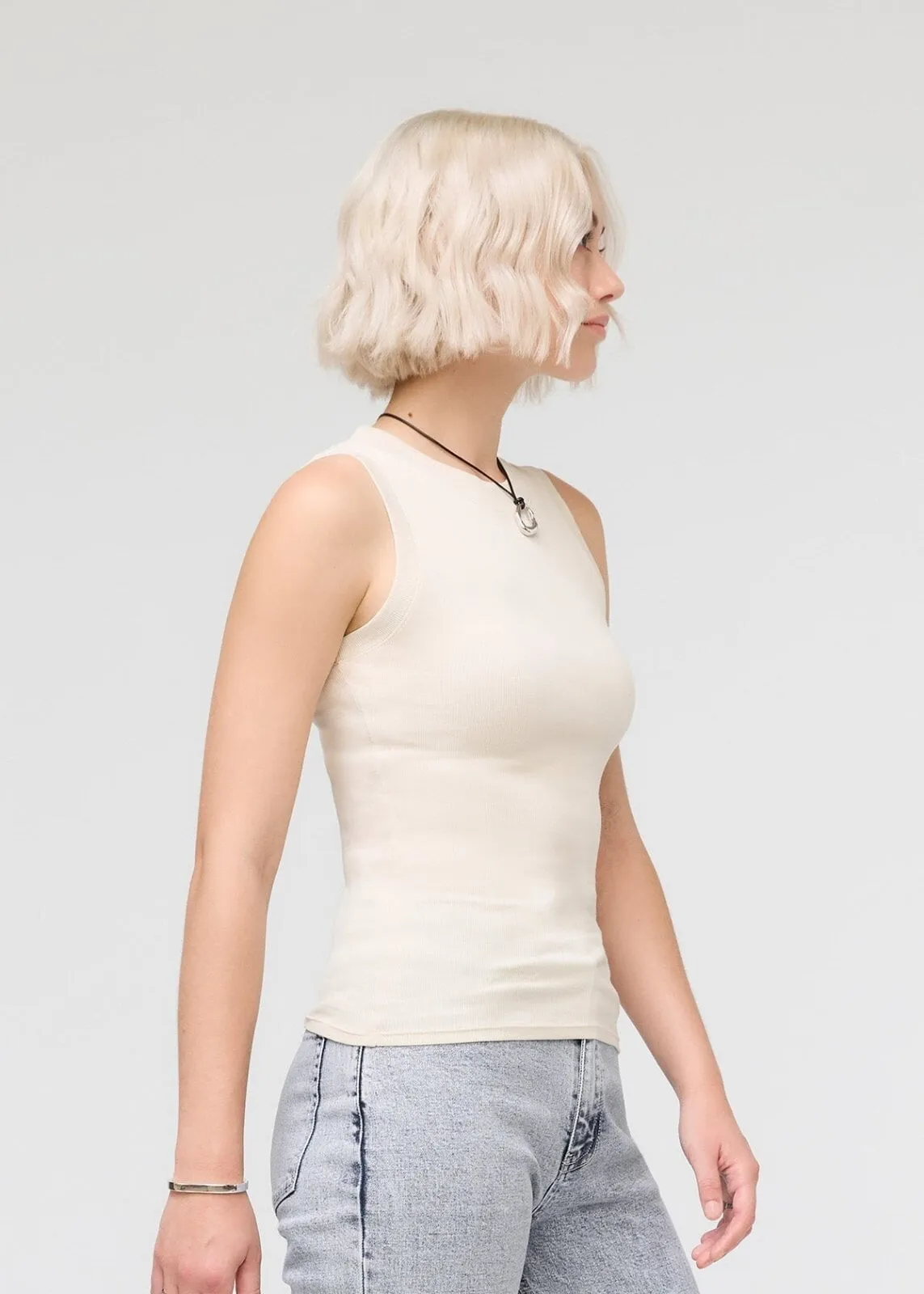Ribbed Pima High Neck Tank - Ecru sold by DUER product image thumbnail 3