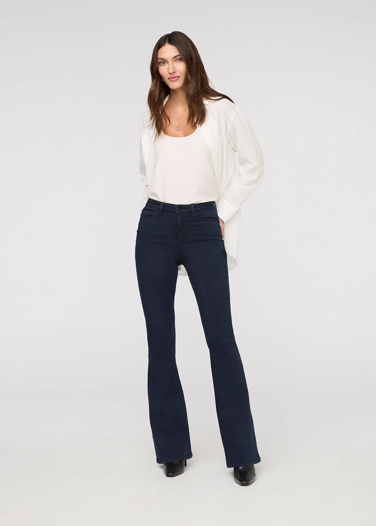 No Sweat Denim High Rise Flare sold by DUER