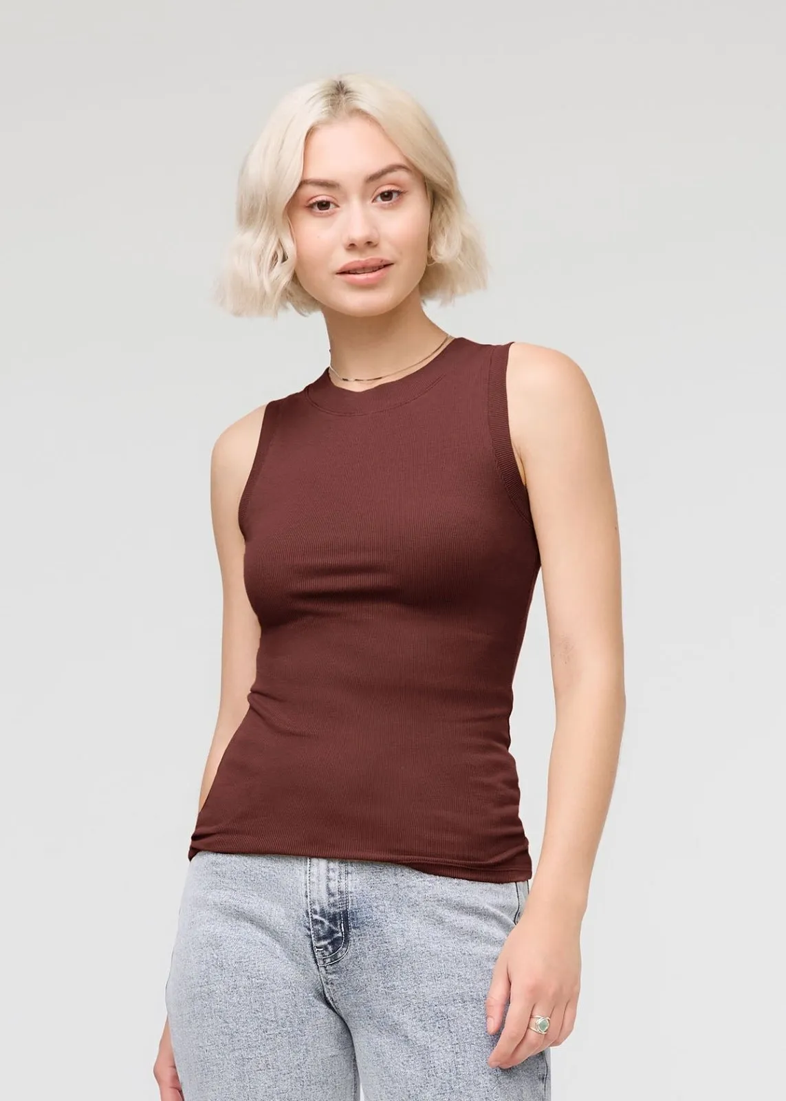 Ribbed Pima High Neck Tank - Rich Maroon sold by DUER