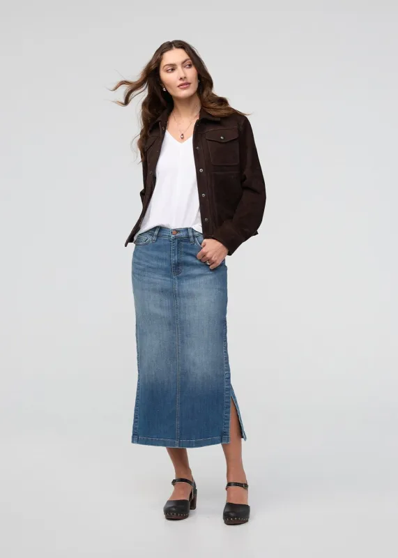 Performance Denim Slit Skirt - Blue Ash sold by DUER