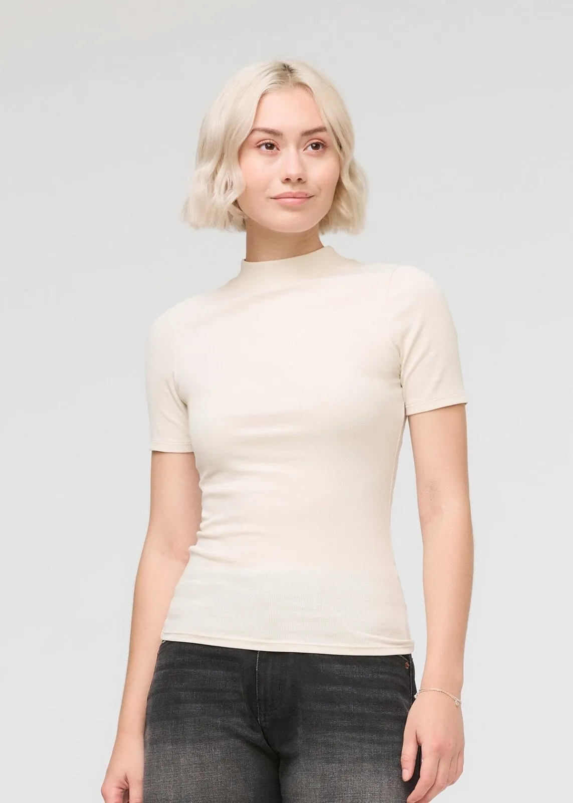 Ribbed Pima Mock Neck Tee - Ecru sold by DUER