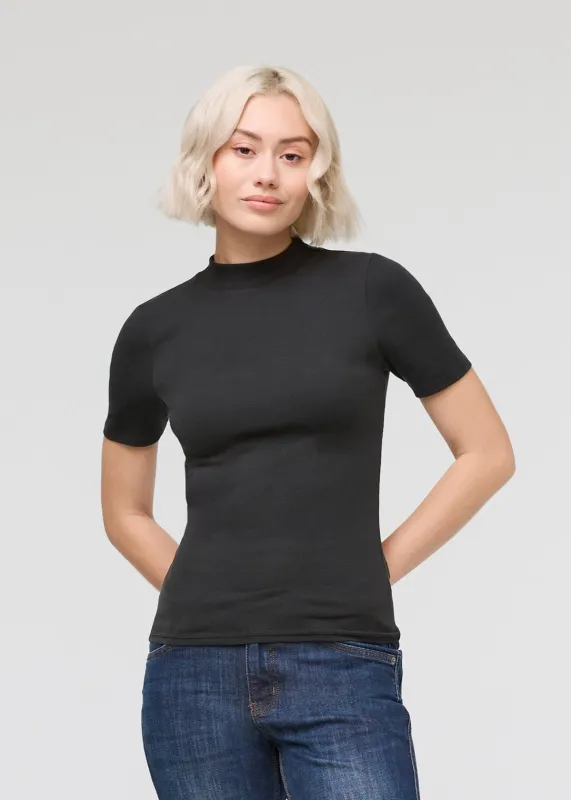 Ribbed Pima Mock Neck Tee - Black sold by DUER