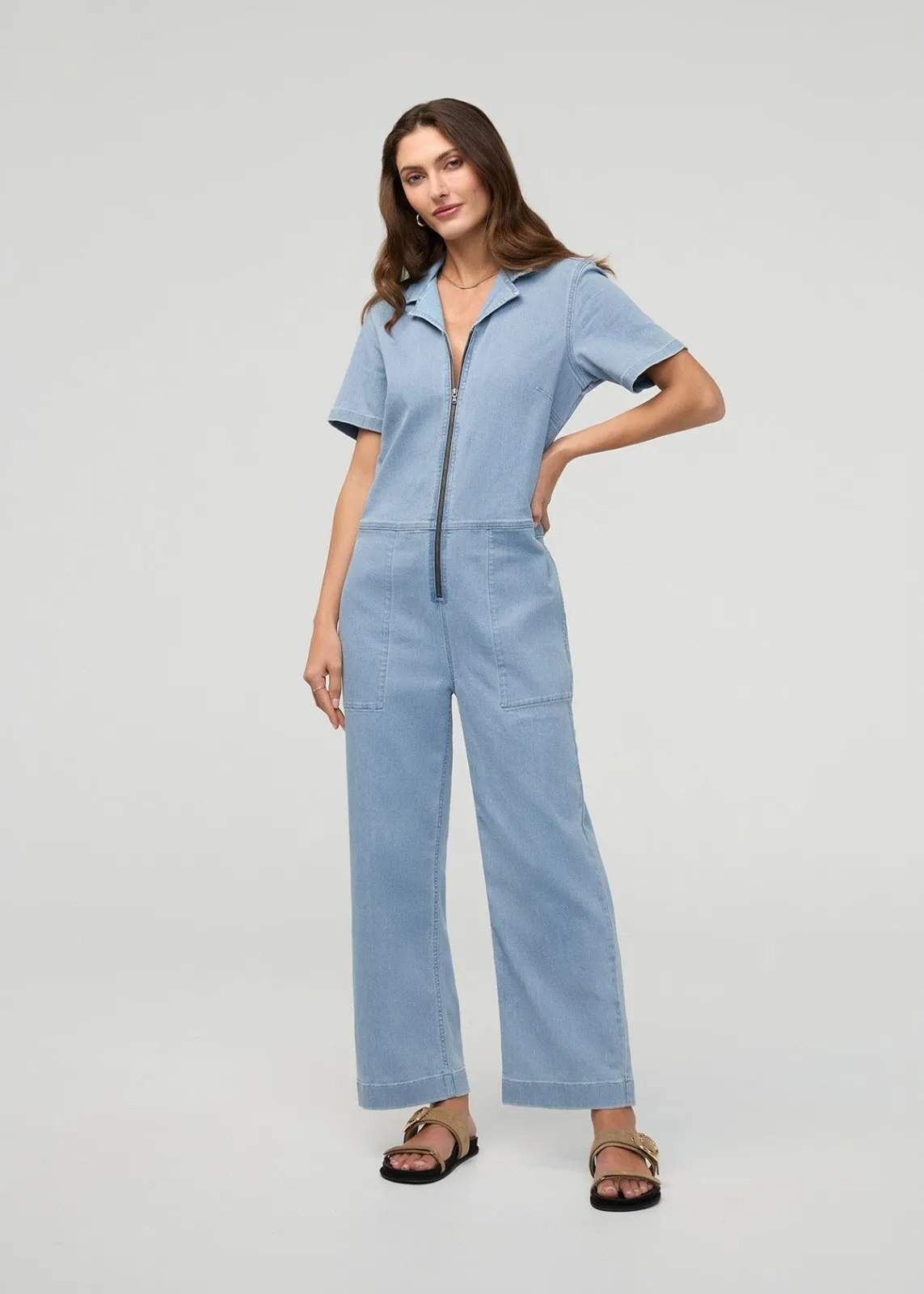 Performance Denim Short Sleeve Jumpsuit - Desert Blue sold by DUER
