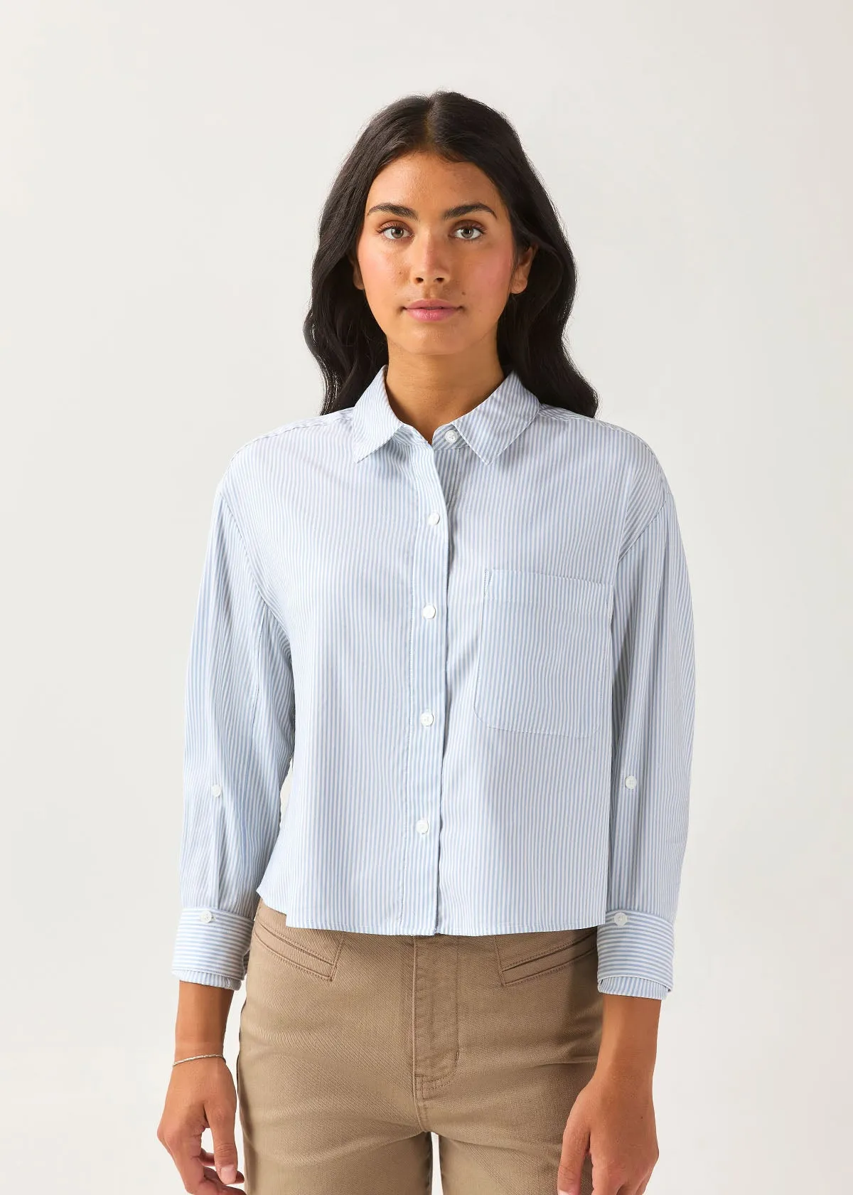 Cloudweight Twill Boxy Button Down - Light Blue Stripe sold by DUER