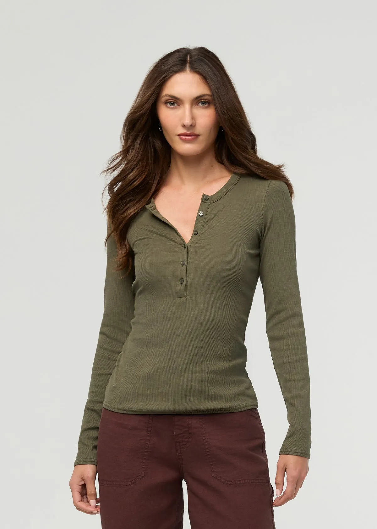 Ribbed Pima Long Sleeve Henley - Kelp sold by DUER