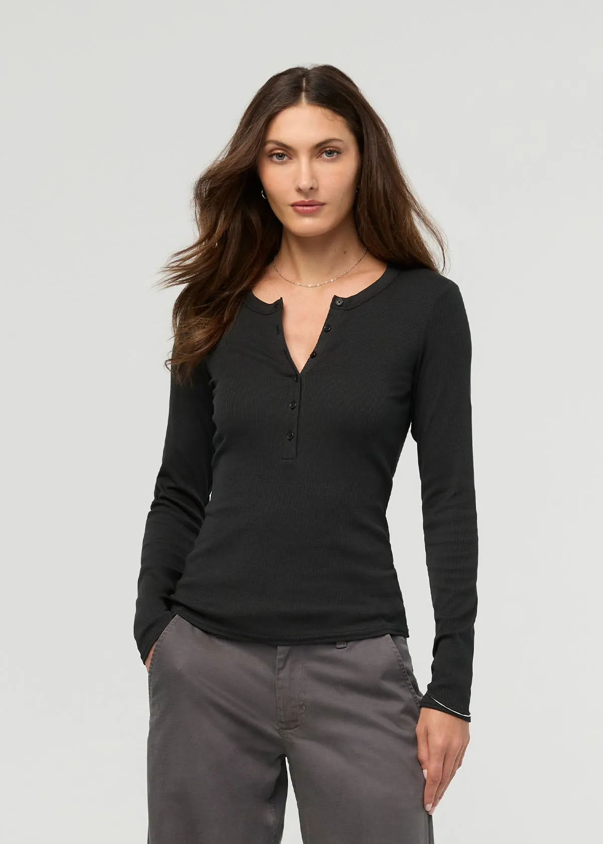 Ribbed Pima Long Sleeve Henley - Black sold by DUER