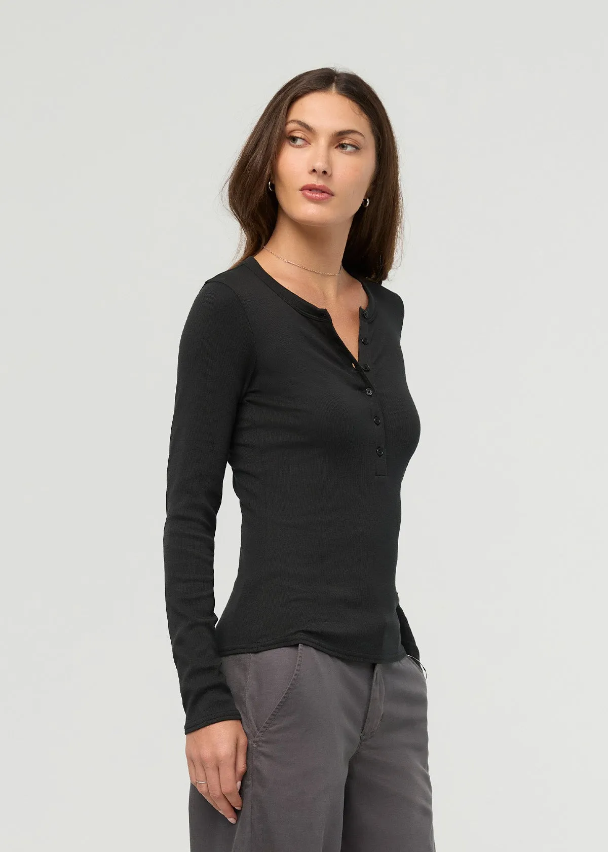 Ribbed Pima Long Sleeve Henley - Black sold by DUER product image thumbnail 3