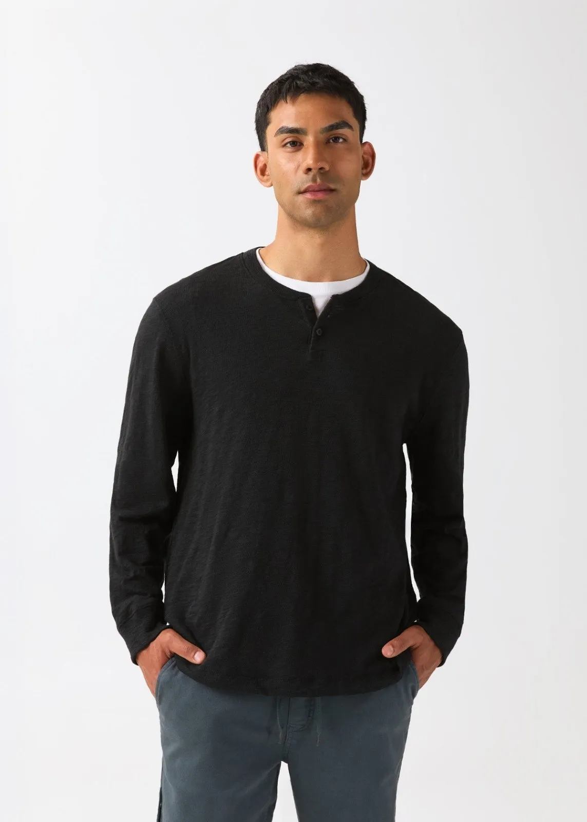Midweight Slub Jersey Long Sleeve Henley - Black sold by DUER