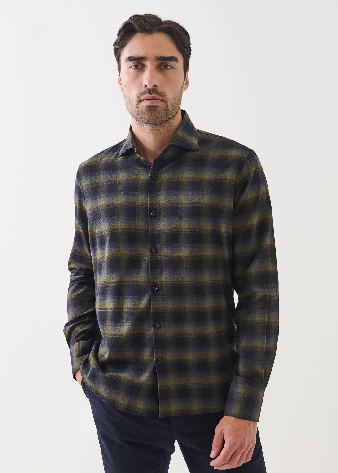 Cotton Dark Plaid Spread Collar Shirt sold by Patrick Assaraf product image thumbnail 4