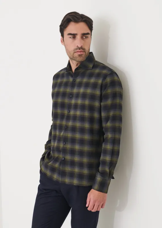 Cotton Dark Plaid Spread Collar Shirt made by Patrick Assaraf