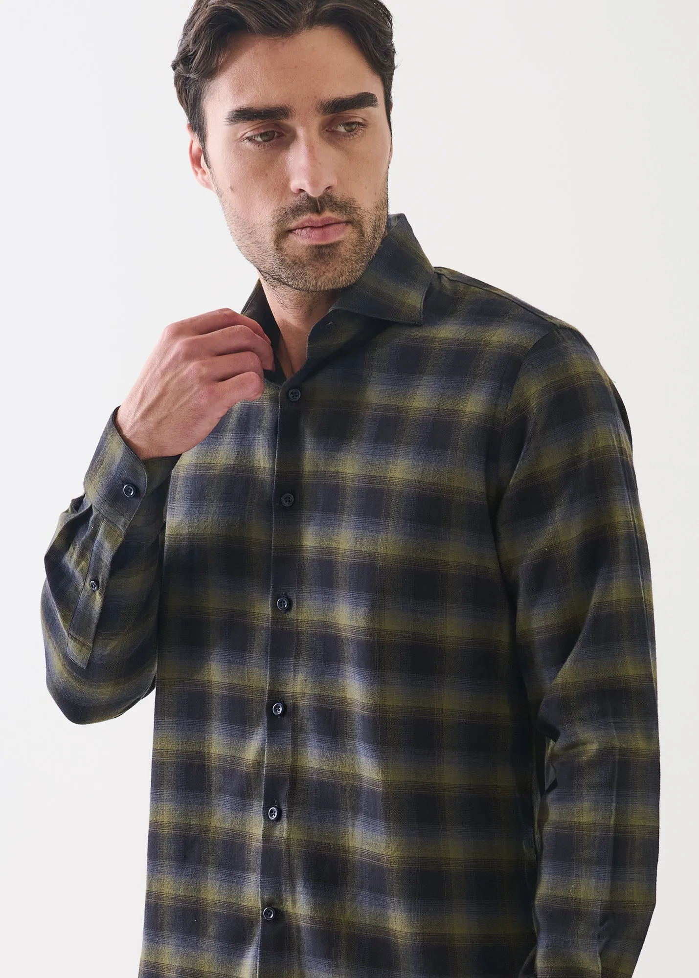 Cotton Dark Plaid Spread Collar Shirt sold by Patrick Assaraf product image thumbnail 3