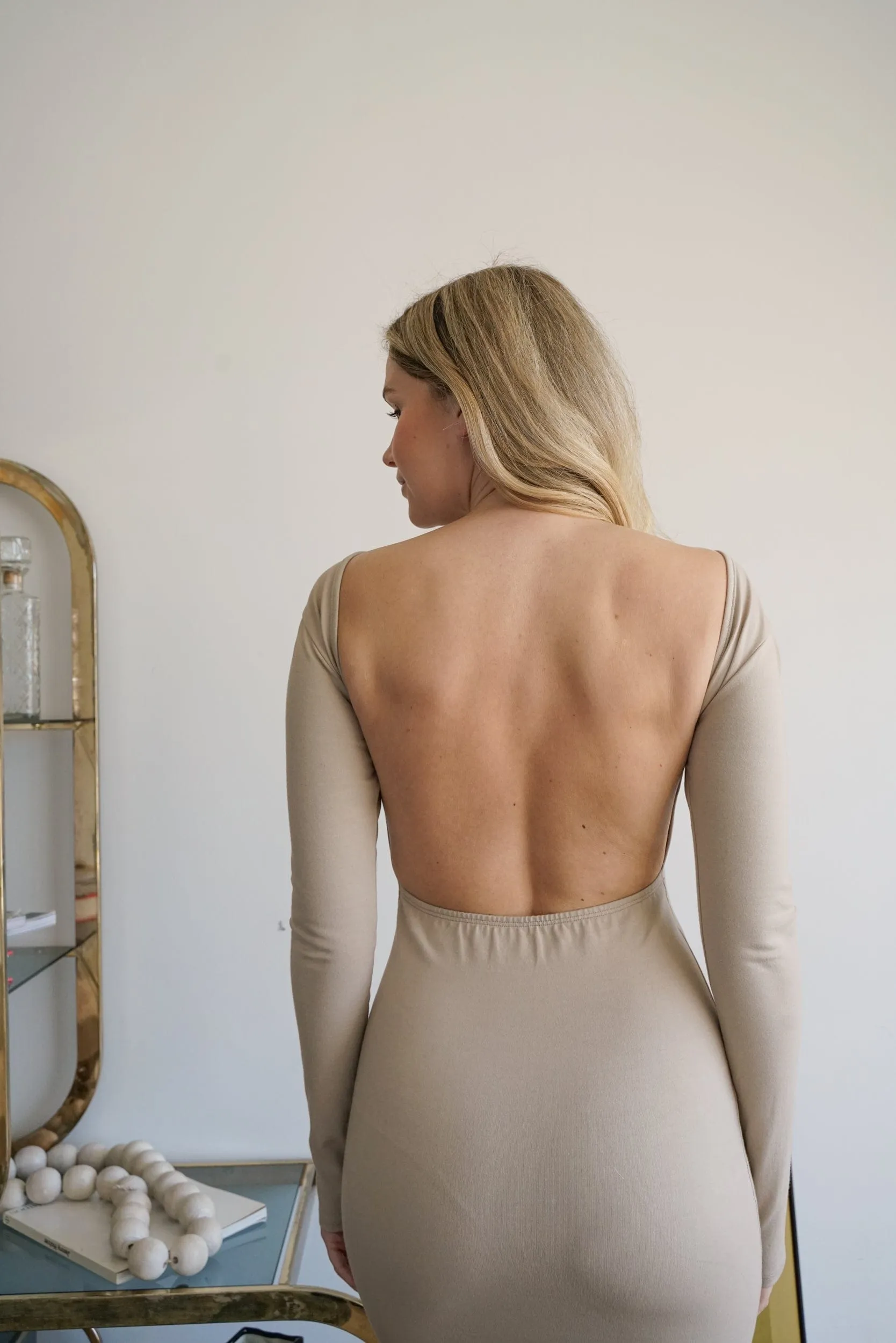 Jenna Long Sleeve Open Back Cotton Mini Dress - Latte sold by Lezat product image thumbnail 5