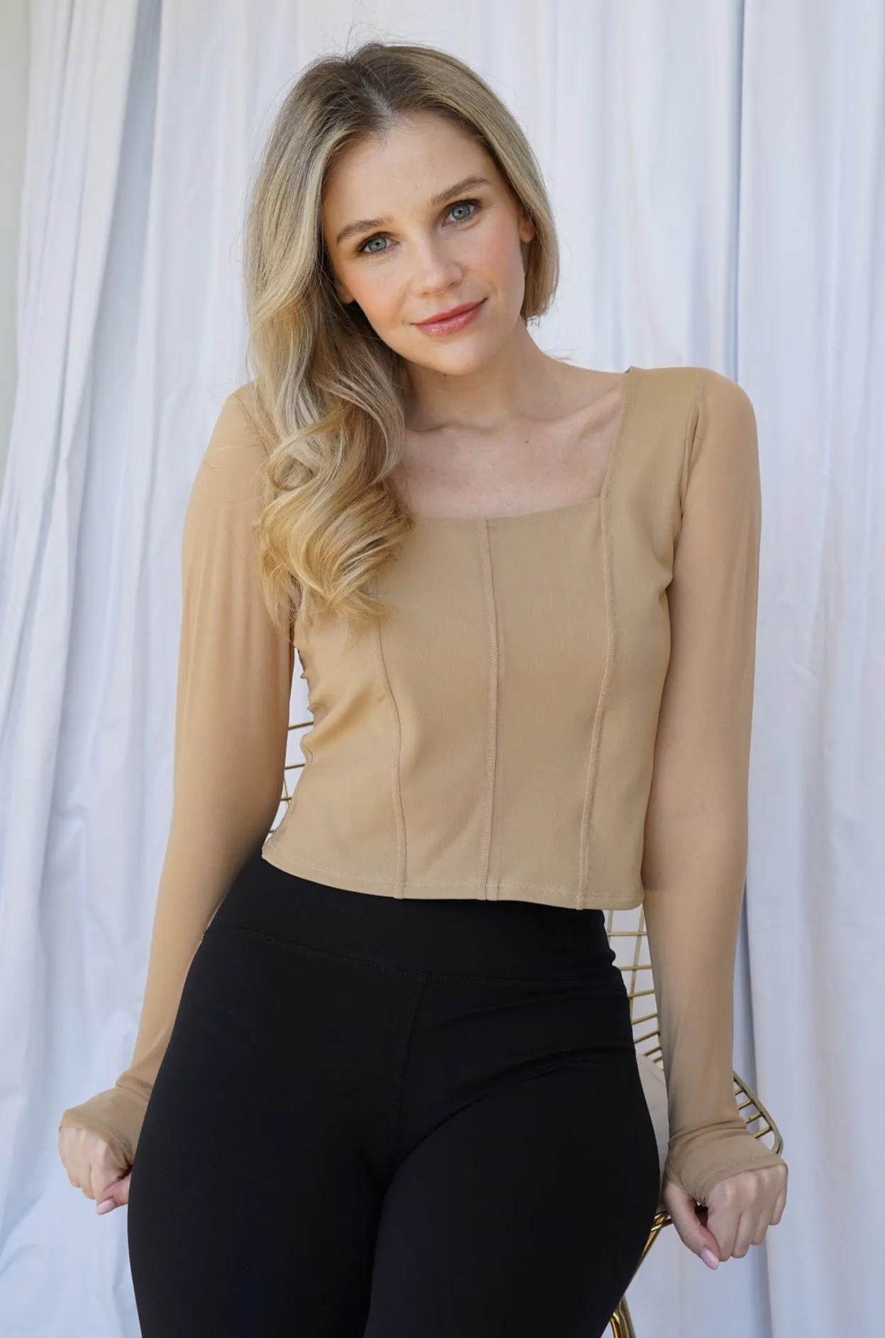 Hailey Mesh and Cotton Long Sleeve Top - Latte sold by Lezat product image thumbnail 5