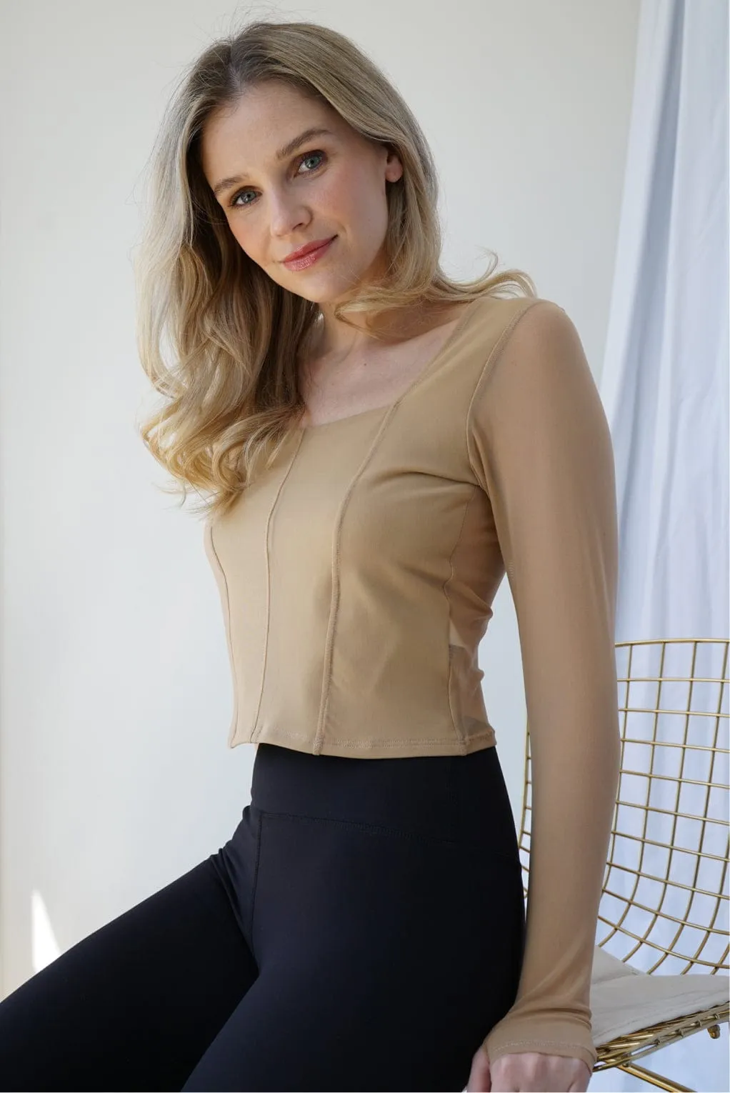 Hailey Mesh and Cotton Long Sleeve Top - Latte sold by Lezat product image thumbnail 2
