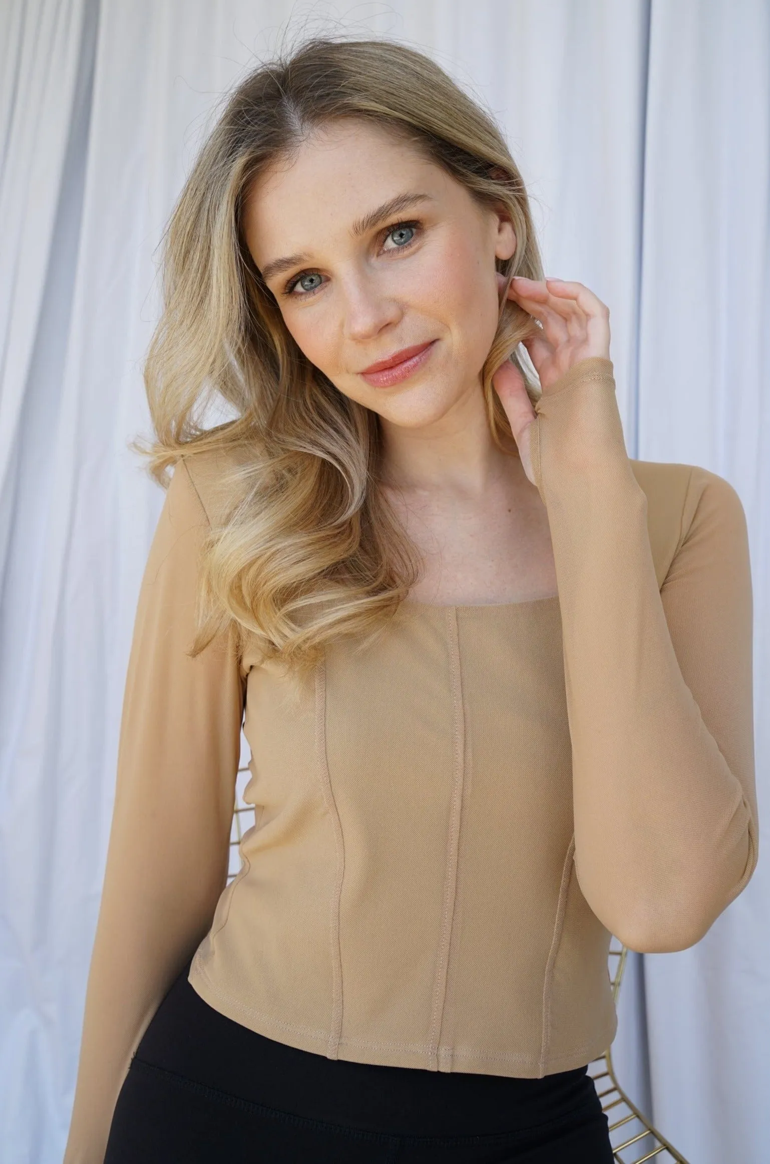 Hailey Mesh and Cotton Long Sleeve Top - Latte sold by Lezat product image thumbnail 4