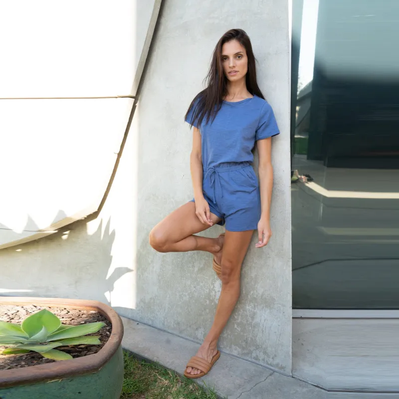 Sandy Short Sleeve Drawstring Romper - Denim sold by Lezat