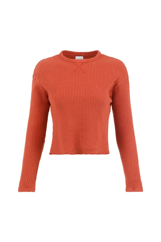 Fiona Organic Cotton Waffle Thermal Pullover Top - Brick sold by Lezat